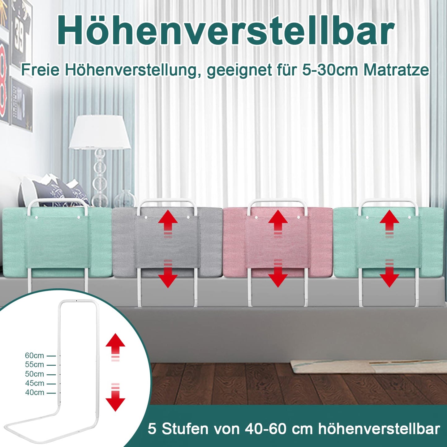 UISEBRT Bed Rail Bed Guard for Kids 60cm 5-Position Adjustable - Bed Rail Guard for Kids, Children Bed Rail for Co-Sleeping and Toddler Bed (60cm, Green Lake)