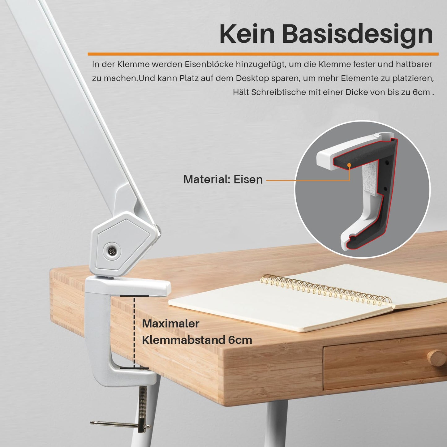 bemelux Rotatable LED desk lamp with clamp, 24W, 2000 lumens, 56cm ultra-wide lampshade, 234 SMD LEDs, 5 brightness levels, 5 adjustable color temperatures (White)