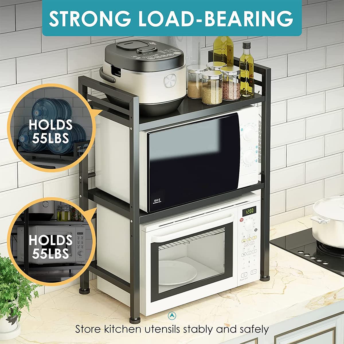 XDAILUYYDS Microwave Shelf, Oven Rack, 2-layer Expandable Microwave Stand, Microwave Holder Organizer, Kitchen Shelf Standing, Countertop Kitchen with Hooks. (black)