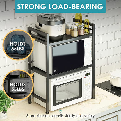 XDAILUYYDS Microwave Shelf, Oven Rack, 2-layer Expandable Microwave Stand, Microwave Holder Organizer, Kitchen Shelf Standing, Countertop Kitchen with Hooks. (black)