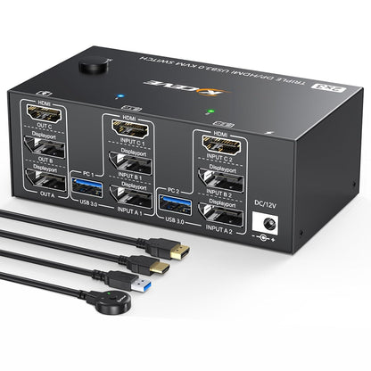 KCEVE KVM switch for 2 computers and 3 monitors, USB 3.0 KVM switch HDMI + DisplayPort, 8K@60Hz/4k@144Hz triple monitor KVM switch for 2 computers, 3 displays, and 4 USB 3.0 devices.
