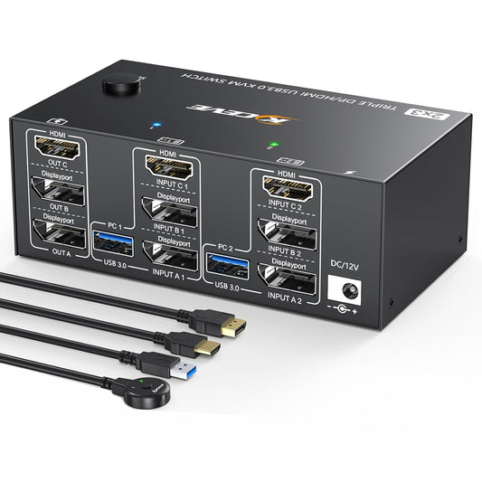 KCEVE KVM switch for 2 computers and 3 monitors, USB 3.0 KVM switch HDMI + DisplayPort, 8K@60Hz/4k@144Hz triple monitor KVM switch for 2 computers, 3 displays, and 4 USB 3.0 devices.