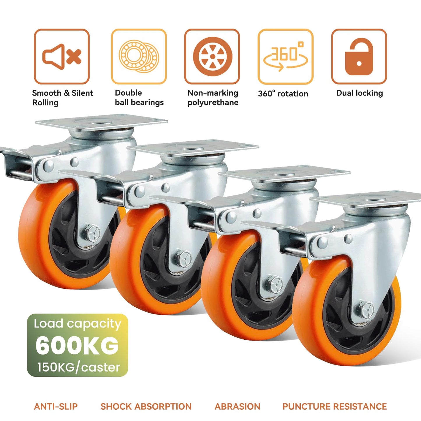 BAOLIHUI 4-Pack Furniture Casters 100MM Casters with Brake 600KG Heavy Duty Casters Furniture Transport Rollers Workbench Tool Cart Pallets Orange