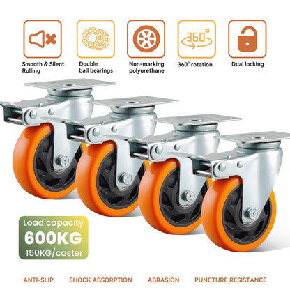 BAOLIHUI 4-Pack Furniture Casters 100MM Casters with Brake 600KG Heavy Duty Casters Furniture Transport Rollers Workbench Tool Cart Pallets Orange
