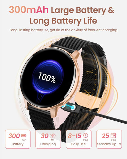 HASAKEI smartwatch for women, 1.39" HD touchscreen round ladies watch with phone function/menstrual cycle, 24H heart rate/SpO2/sleep monitor, waterproof IP68 pedometer Android iOS rose gold black.