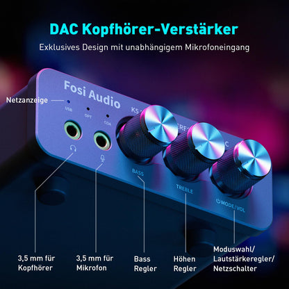 Fosi Audio K5 Pro headphone amplifier, USB C DAC headphone amplifier HiFi, USB/Optical/Coaxial/Microphone inputs to 3.5mm AUX/RCA output, Gaming DAC AMP Hi-Res for PS5/PC/MAC/Active Speakers.