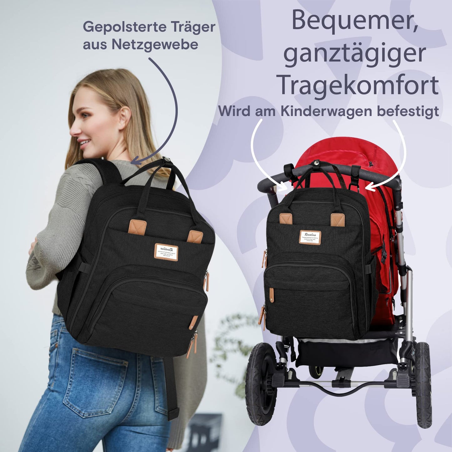 RUVALINO Baby Diaper Backpack, Multifunctional Diaper Bag Travel Backpack Large Capacity Baby Bag with Changing Pad, Waterproof Fabric, Fits on Stroller (Black)
