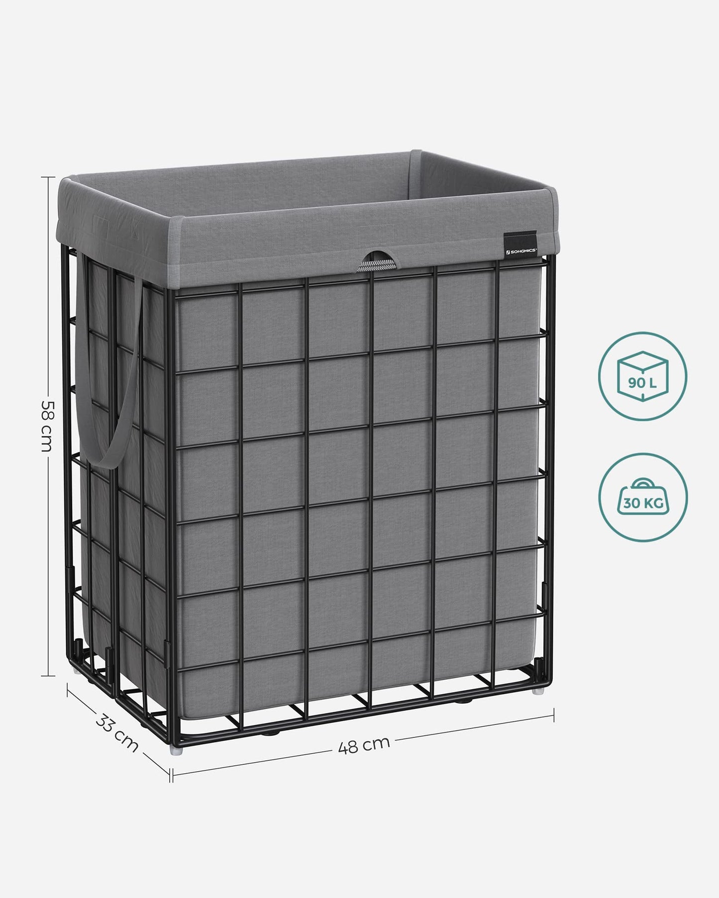 SONGMICS 90L Laundry Basket, foldable laundry hamper, detachable and washable laundry bag, metal wire frame, for bedroom, bathroom, laundry room, black-grey LCB190G01