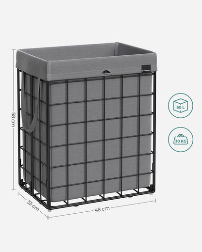 SONGMICS 90L Laundry Basket, foldable laundry hamper, detachable and washable laundry bag, metal wire frame, for bedroom, bathroom, laundry room, black-grey LCB190G01