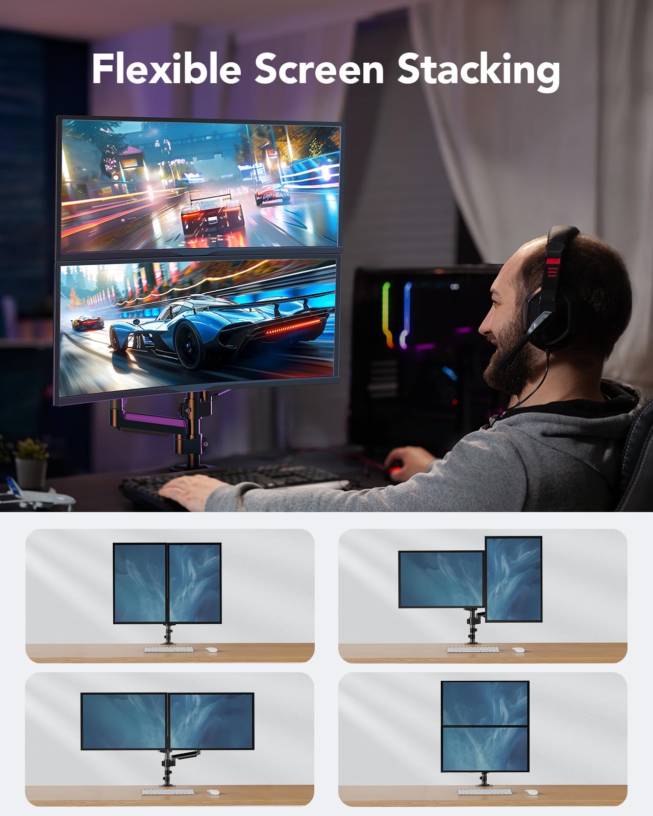 HUANUO Monitor Mount 2 Monitors 13-32 Inch, Height Adjustable Screen Mount with Long Arm, VESA 75/100mm, Increased Load Capacity 2-9 kg, 2 Mounting Options