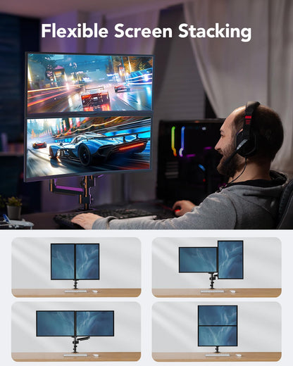 HUANUO Monitor Mount 2 Monitors 13-32 Inch, Height Adjustable Screen Mount with Long Arm, VESA 75/100mm, Increased Load Capacity 2-9 kg, 2 Mounting Options