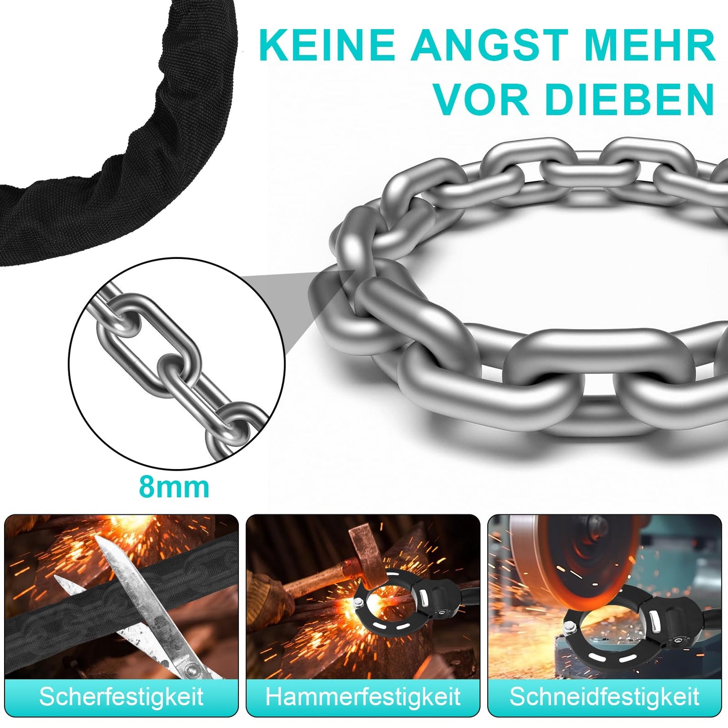 E Scooter lock with 3L waterproof bag, handcuff lock with key, electric scooter bike lock with rubber cover, 93 cm, high security locks, perfect for scooters, bikes, e-bikes (A)