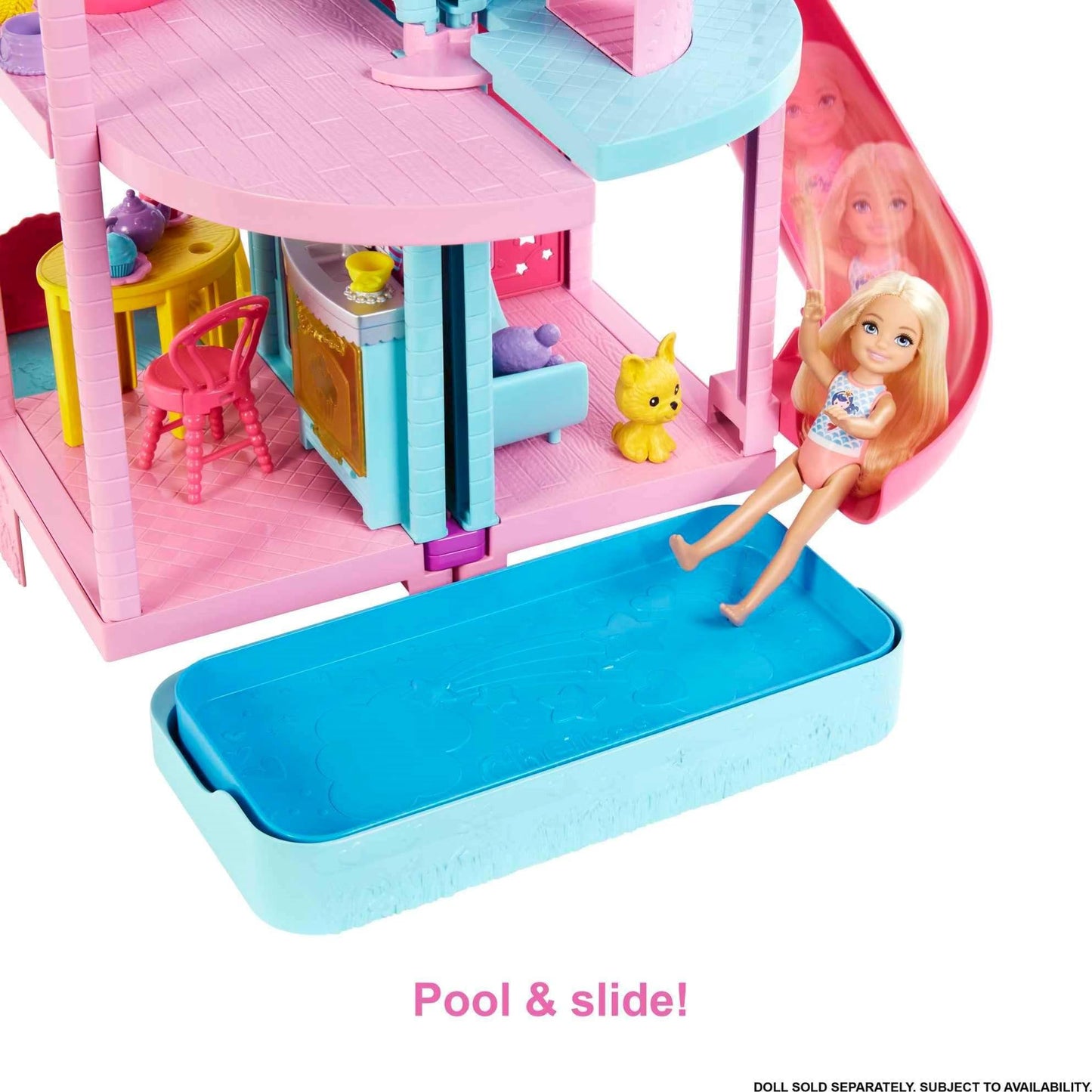 Barbie Chelsea Playhouse - 3 floors with transformation function, secret play areas, elevator, pool, slide, 2 pets, and over 20 accessories, for children ages 3 and up, HHX44.