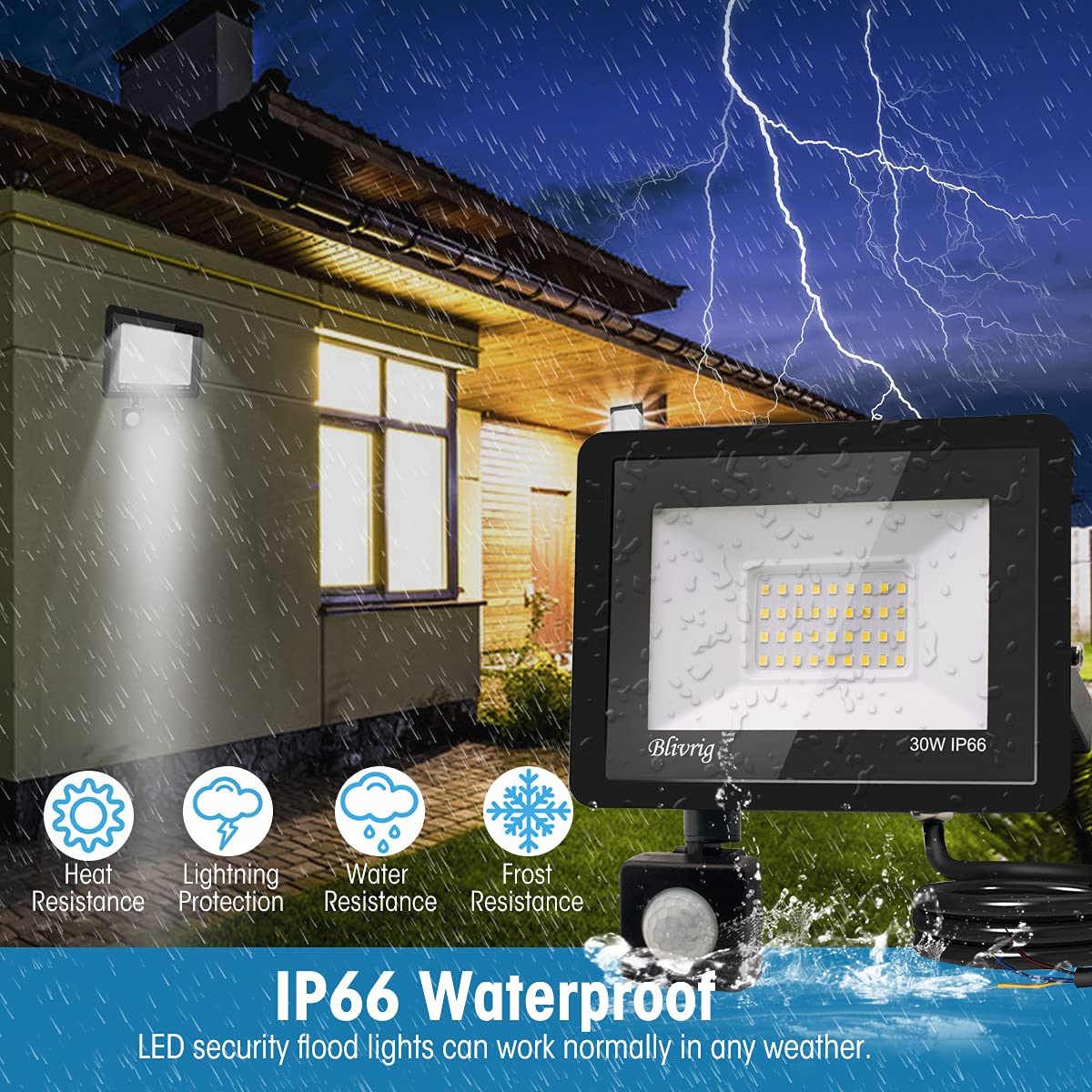 LED floodlights with motion detector 30W 2 pieces, 3000 lumens outdoor light, 6000K cool white LED floodlight with motion detector, outdoor floodlight IP66 waterproof, outdoor lamp for garden, yards, garage, driveway