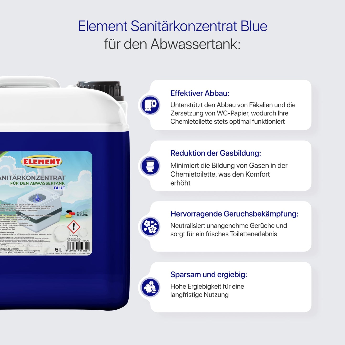Sanitary fluid I Blue I Sanitary concentrate I 5 liters I Camping toilet waste tank I Toilet sanitary fluid for camping toilet waste tank I Sanitary additive I Toilet additive