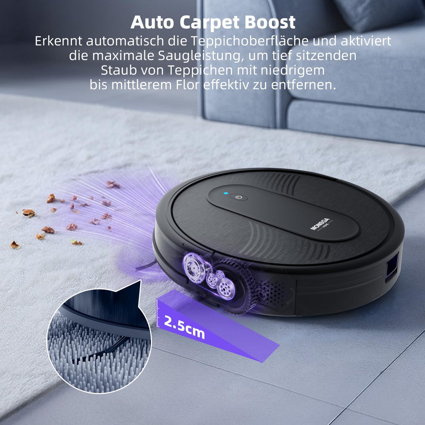 MONSGA robotic vacuum cleaner with mopping function 3 in 1, vacuum robot 3000PA, robot vacuum with 2 brushes, self-charging, WiFi, 140mins runtime, ideal for pet hair, carpet, hard floor (Black)