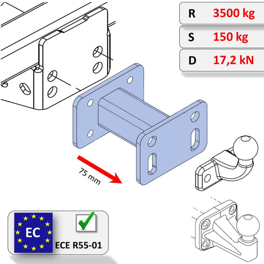 XIMPLIO adapter extension hook extension for flange ball trailer hitch with ABE (75 mm)