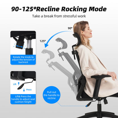 Daccormax Office Chair Ergonomic, Desk Chair with Adjustable Headrest, Armrests, Lumbar Support, Swivel Chair Tilt Function, Executive Chair made of Mesh, Back-friendly, Office Chair 150kg