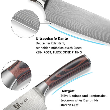 PAUDIN chef's knife, blade length 20 cm professional kitchen knife chef knife utility knife made of high-quality carbon stainless steel, extra sharp knife blade with ergonomic handle