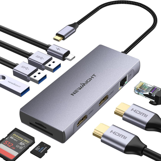 Laptop Docking Station Dual Monitor, Newmight Dual HDMI Adapter for 2 monitors with 2 HDMI 4K, 1 Gbps Ethernet, PD 100W Charging, 3 USB 3.0, SD/TF Reader, USB C Docking Station for HP/Dell.