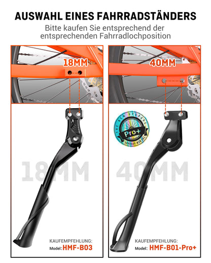HENMI Bike Stand 24-29 Inch Pro+, Bike Stand with 2 Holes, Stable Side Stand, Designed for E-Bike and MTB, 40mm Hole suitable for M6 screws.