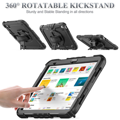 SEYMAC stock case for iPad A16 11th/10th Generation 11/10.9 Inch 2025/2022, Shockproof case with screen protector, 360 Rotating stand/hand strap, Pencil holder & Shoulder strap, Black