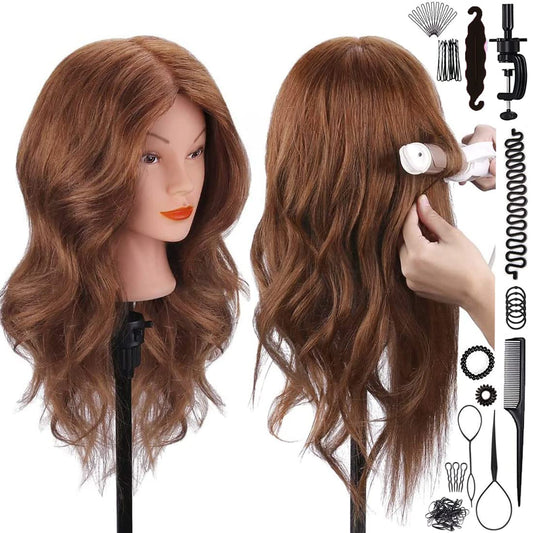 Mannequin head with 100% real hair, 45.7 cm, Dark Brown, Cosmetology, Practice Head, Doll heads with clamp holder and tools by SZCY LLC.