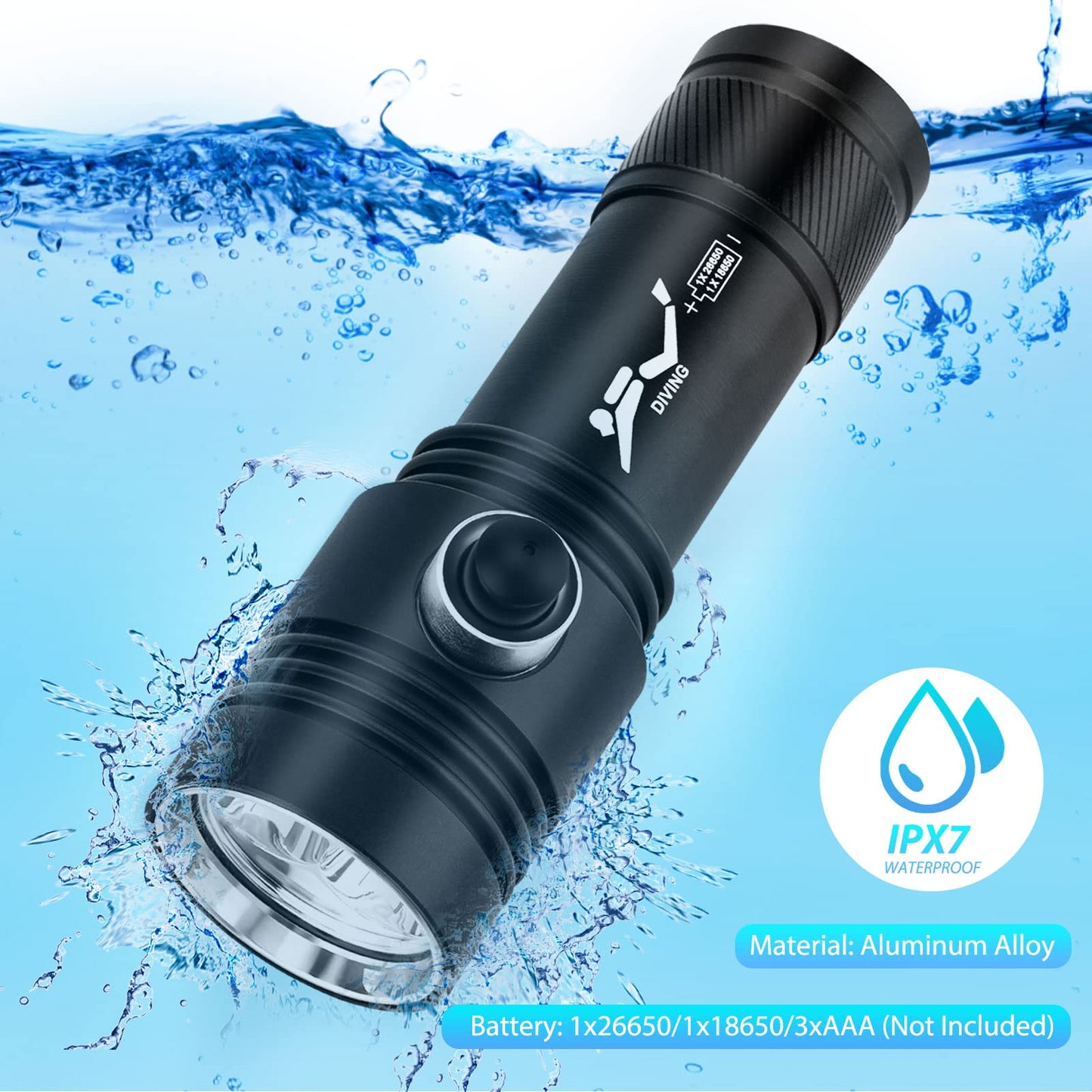 Kriogor 2600 Lumens Diving Flashlight, Underwater Submarine Light with 2 Modes, IPX7 Waterproof LED Dive Torch for Underwater, Outdoor (Battery not included)