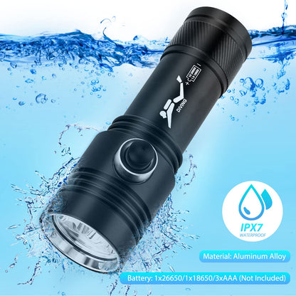 Kriogor 2600 Lumens Diving Flashlight, Underwater Submarine Light with 2 Modes, IPX7 Waterproof LED Dive Torch for Underwater, Outdoor (Battery not included)