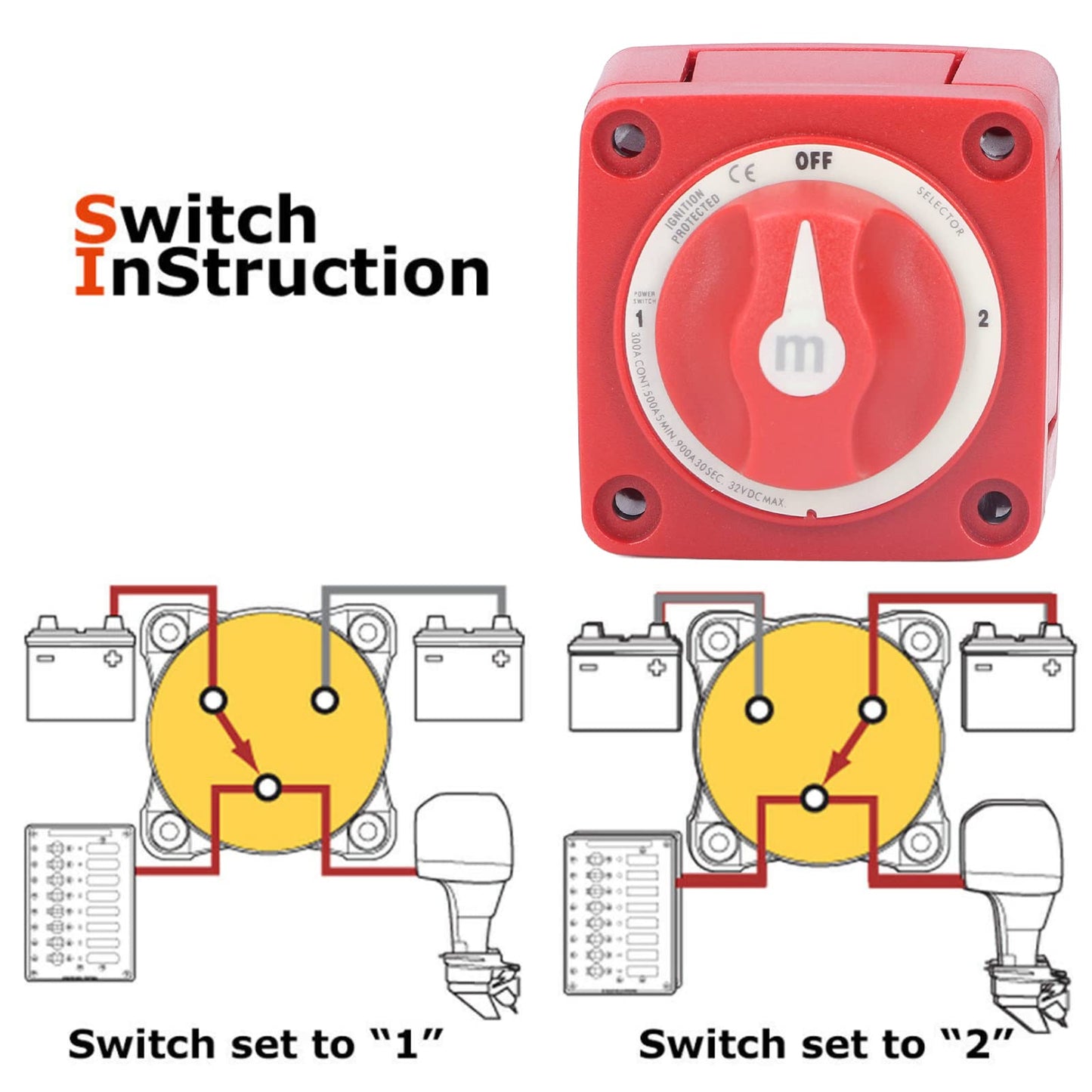 Akozon 300A 3-Position Dual Circuit Battery Switch Isolator for Marine, Boats, Car, Truck, Trailer, RV, red, Toggle Switch, manual, rotatable