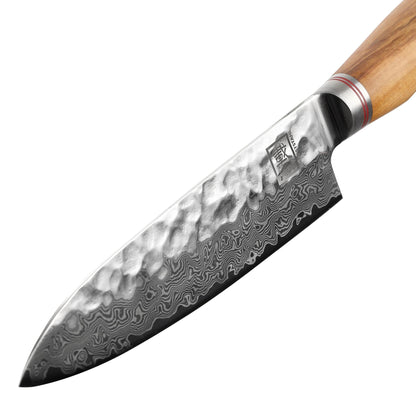 Zayiko Minami Premium Santoku knife with a 17.5 cm blade made of 67 layers of genuine Damascus steel with hammer finish and olive wood handle. Includes wooden box. Ideal for professional chefs and kitchen use.