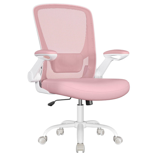 SONGMICS Office Chair, Desk Chair, ergonomic backrest, adjustable height, foldable armrests, swivel chair, up to 120 kg load capacity, pastel pink OBN037R01