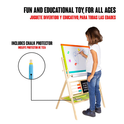 Calma Dragon W12B103-2 Kids Whiteboard 2 in 1, wooden children's board, double-sided, with clock and alphabet, with drawing paper roll, chalk, markers, and eraser (Large)
