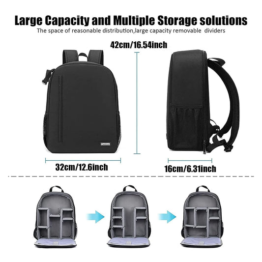 Cwatcun Camera Backpack Professional for mirrorless DSLR/SLR camera, waterproof, camera bag compatible for Sony Canon Nikon camera and lens tripod accessories (3.0 Black, L)