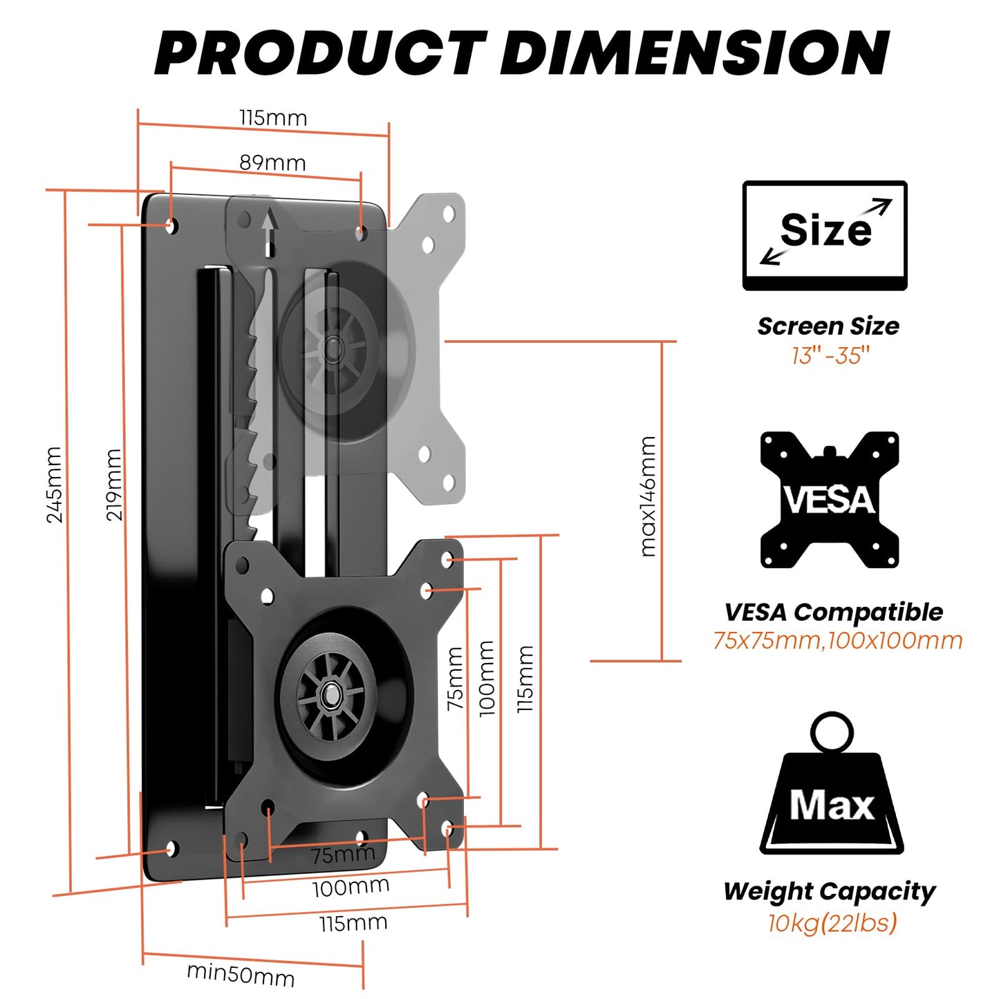 Height adjustable monitor wall mount for 1 monitor, suitable for 13-35 inch screens. Ultra-slim PC monitor holder, swivel and tilt, with VESA 75x75/100x100mm, supports up to 10kg.