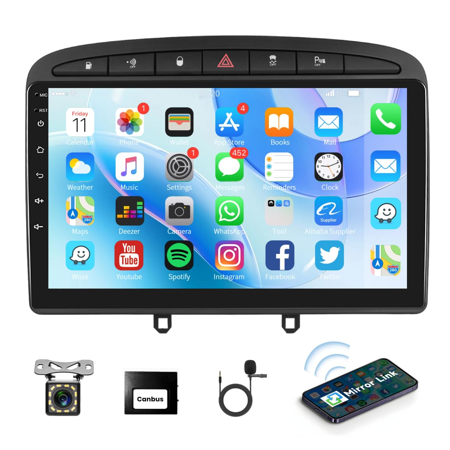 Podofo Android car radio GPS for Peugeot 308 408 2007-2015, 9" touchscreen, WiFi, Bluetooth, FM RDS radio, mirror link, USB, car navigation, video stereo player for Peugeot 308 + rear camera
