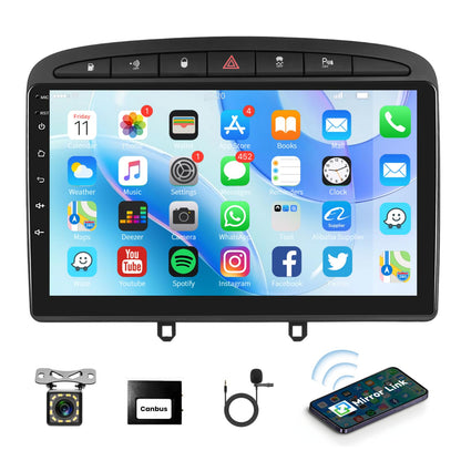 Podofo Android car radio GPS for Peugeot 308 408 2007-2015, 9" touchscreen, WiFi, Bluetooth, FM RDS radio, mirror link, USB, car navigation, video stereo player for Peugeot 308 + rear camera