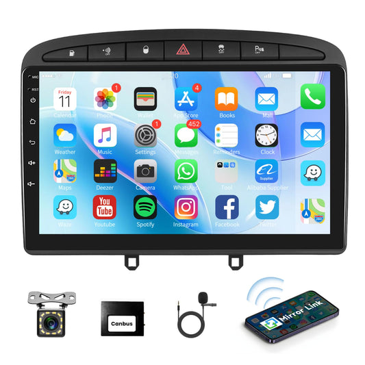 Podofo Android car radio GPS for Peugeot 308 408 2007-2015, 9" touchscreen, WiFi, Bluetooth, FM RDS radio, mirror link, USB, car navigation, video stereo player for Peugeot 308 + rear camera