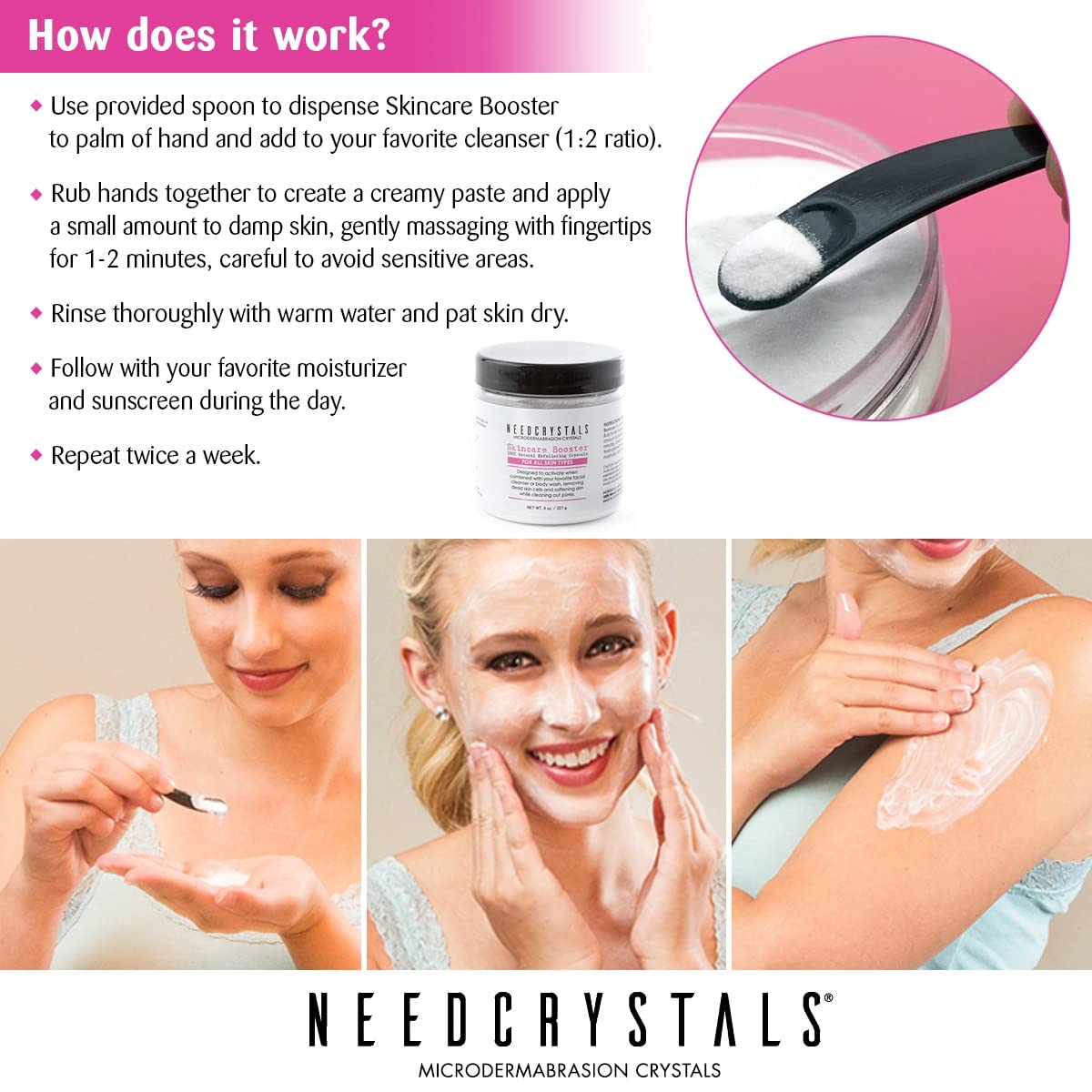NeedCrystals Microdermabrasion Crystals, facial scrub. Natural face scrub for dull or dry skin improves scars, blackheads, pore size, wrinkles, spots, and skin texture. 227g