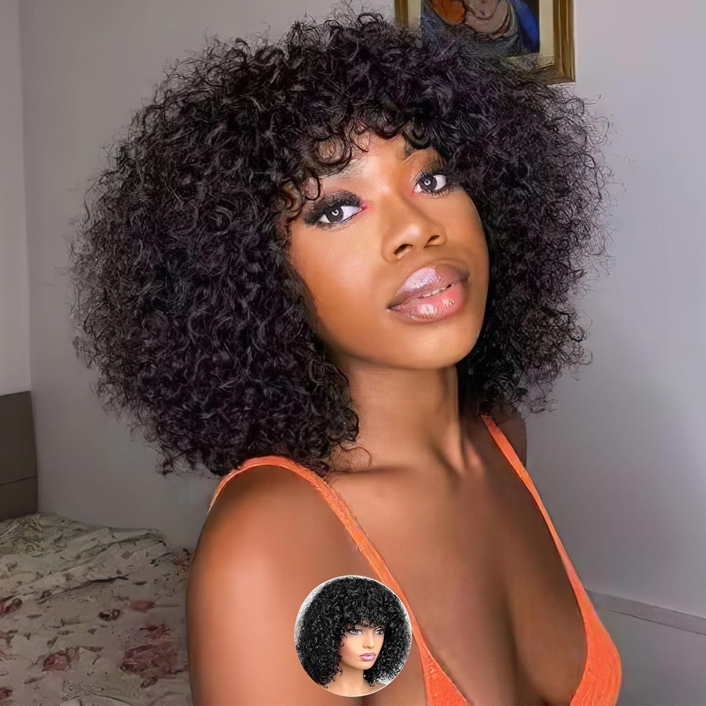 Real hair wig with bangs Short curly bob wig Real hair Jerry curl bob wig for black women 150% density Non lace front Glueless wig 10 inches (25 cm)