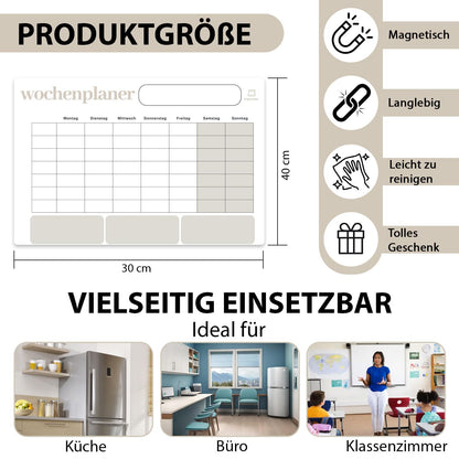 Organizely Magnetic Weekly Planner | Whiteboard for Fridge | Erasable Board for Organization | Includes 4 Markers & 10 Magnetic Wood Icons (Beech)