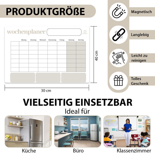 Organizely Magnetic Weekly Planner | Whiteboard for Fridge | Erasable Board for Organization | Includes 4 Markers & 10 Magnetic Wood Icons (Beech)