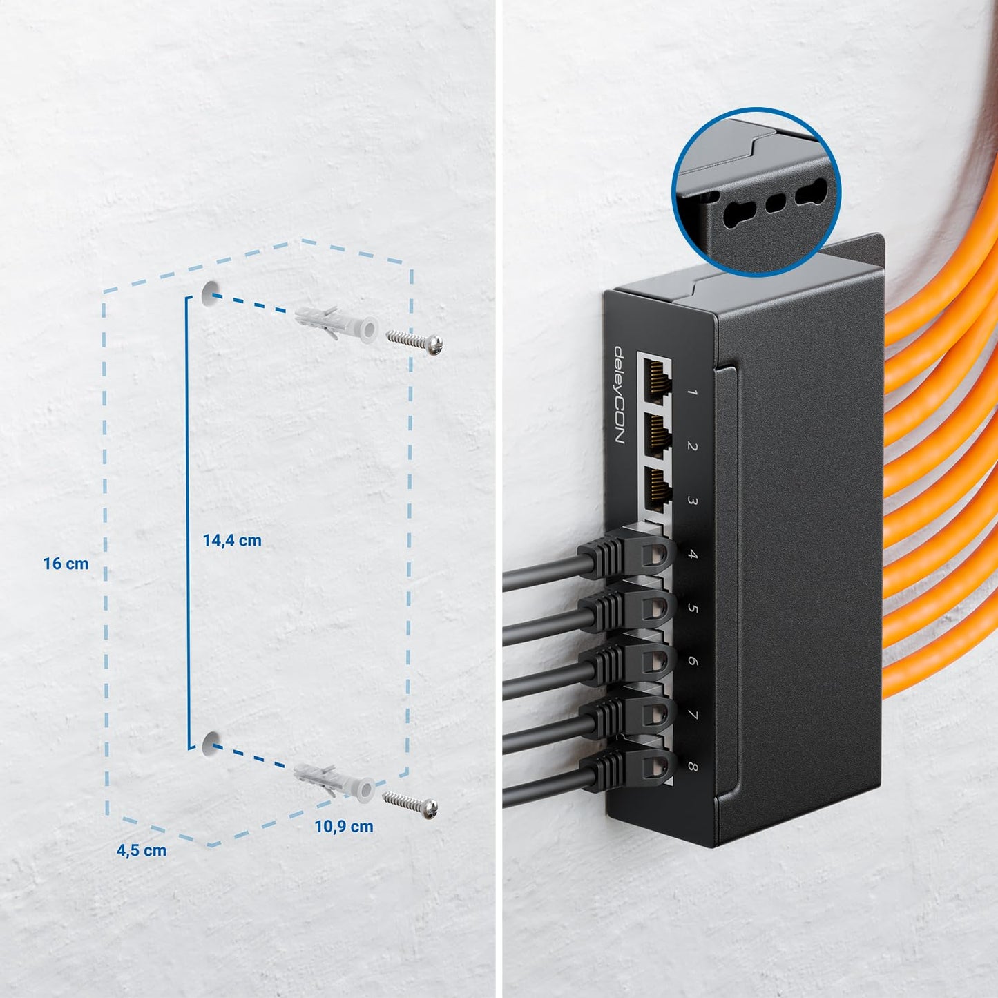 deleyCON CAT 6 Patch Panel Distribution Panel 8 Port - Desktop & Wall Mount - Shielded - 8x RJ45 Socket - TIA568A TIA568B Black