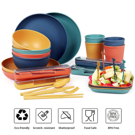 Czemo Camping Dinnerware Set 48 Piece Plastic Dinnerware Set for Camping 4 Person Picnic Set, Plastic Dinnerware with Plate Set, Bowl, Cup, Cutlery Set