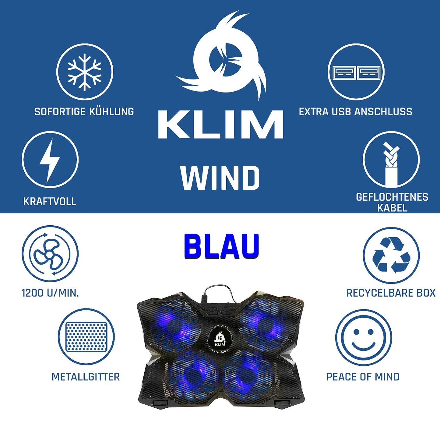 KLIM® Wind Laptop Cooler - Over 500,000 units sold - NEW - Powerful - Fast cooling - 4 fans PC notebook PS4 Ventilated laptop stand - Blue