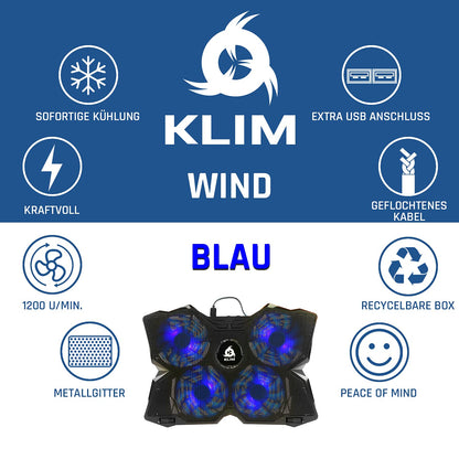 KLIM® Wind Laptop Cooler - Over 500,000 units sold - NEW - Powerful - Fast cooling - 4 fans PC notebook PS4 Ventilated laptop stand - Blue
