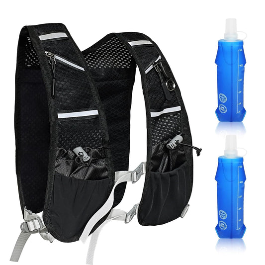 Running vest for women and men. Reflective hydration pack with 2 x 500 ML, adjustable chest straps, soft water bottles, front and back zipper backpack for cycling, hiking, running, outdoor activities.