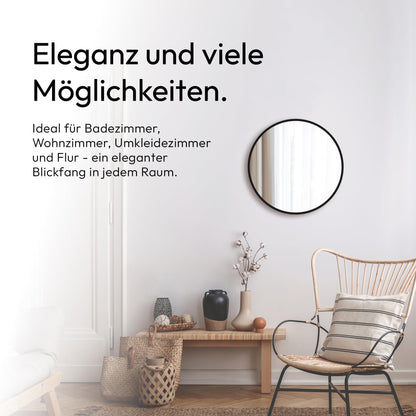 Talos Black Style round Ø 50 cm - Round bathroom mirror in matte black with aluminum frame - Wall mirror with leather-look band - High-quality bathroom mirror for a modern atmosphere