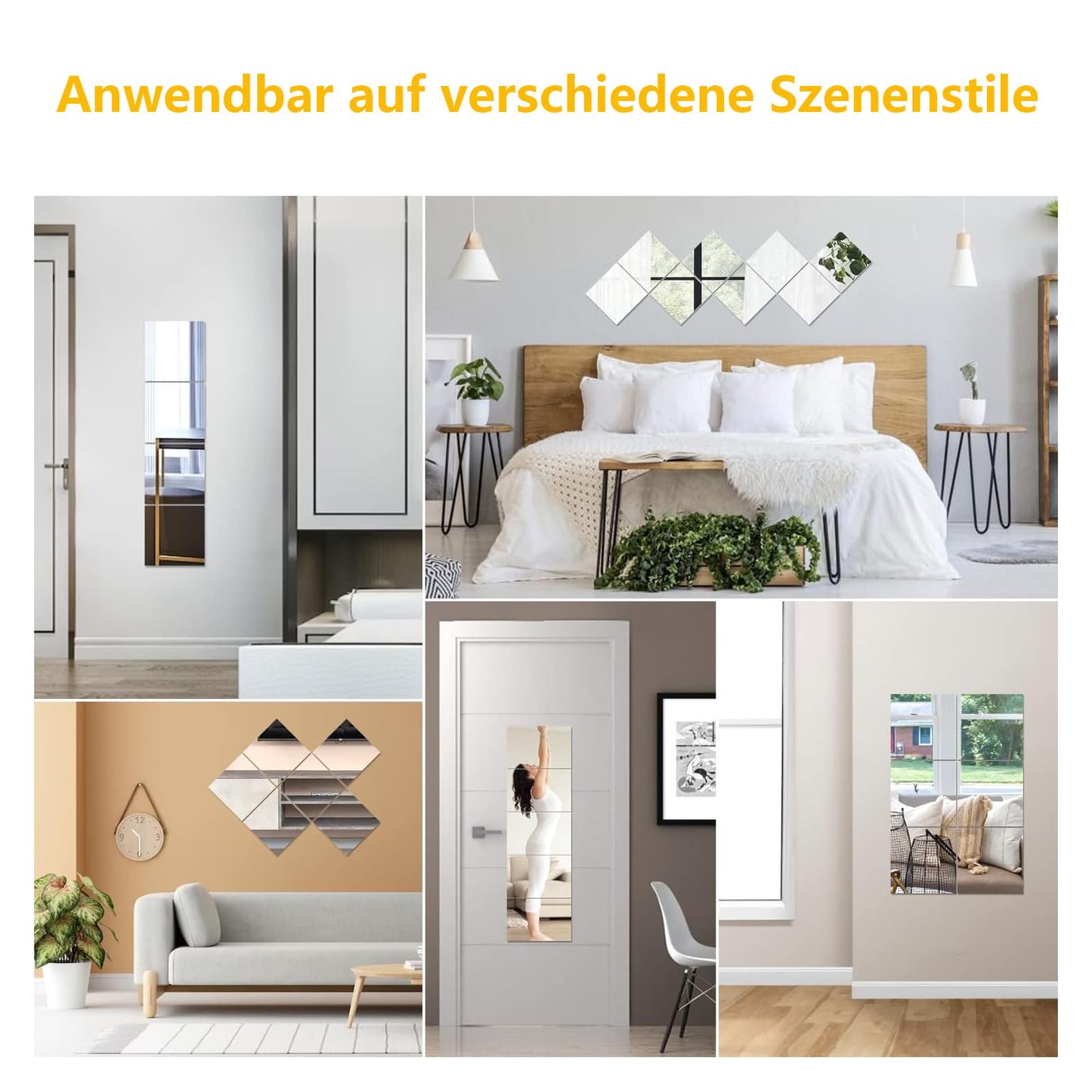 COUXILY 8 pieces 20.5x20.5cm Square Self-Adhesive Mirror Film HD Frameless Tile Glass Mirror Wall Stickers for Bedroom, Gym, Dance Studio (Fine Grinding, 8 Pieces)