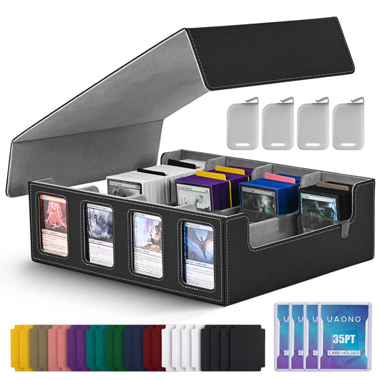 UAONO Trading Card Storage Box for Commander display, 2400+ MTG deck box with 4 toploaders, TCG card case suitable for Magic PTCG sports cards (black & gray)